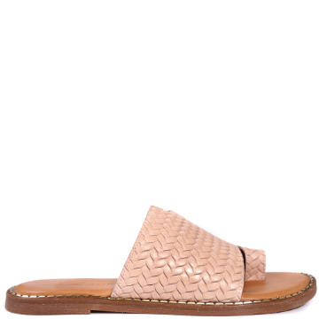 Flat slide sandals with an open toe and a loop around the great toe