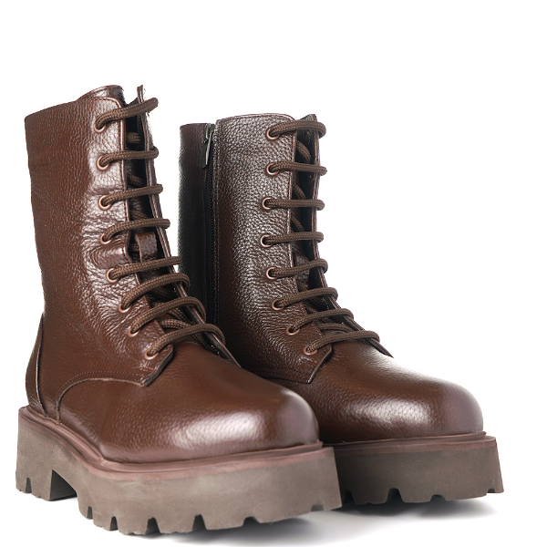 Brown grained leather combat boots